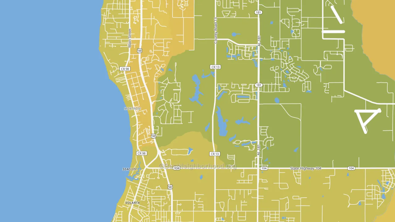 Map of the best neighborhoods in the Montrose area, with better matches in green and worse matches in red