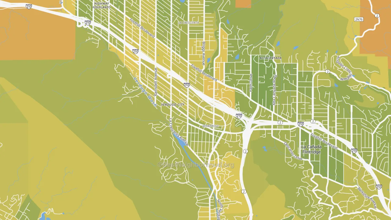 Map of the best neighborhoods in the Montrose area, with better matches in green and worse matches in red