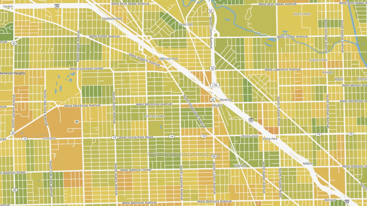 Map of the best neighborhoods in the Montrose, Chicago area, with better matches in green and worse matches in red