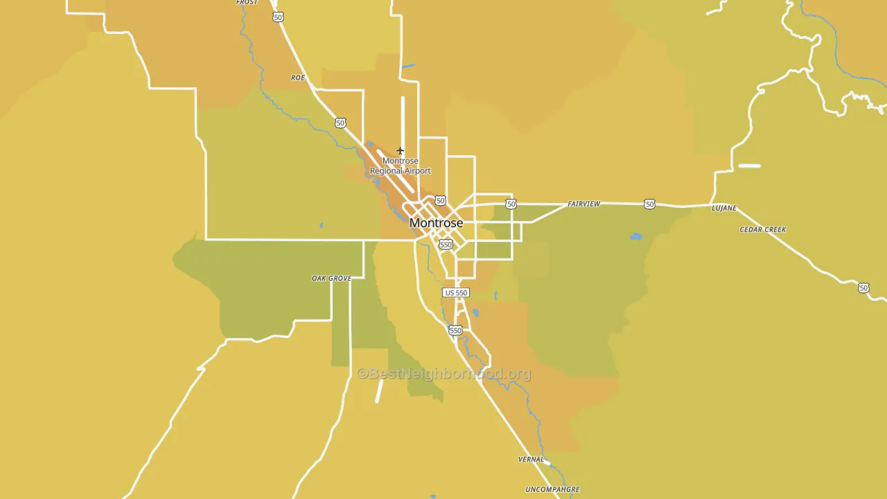 Map of the best neighborhoods in the Montrose area, with better matches in green and worse matches in red