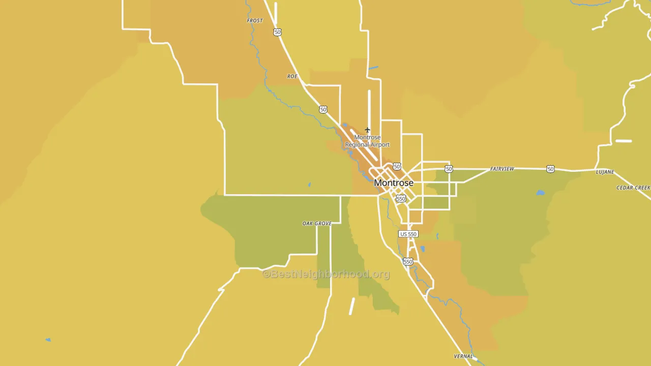 Map of the best neighborhoods in the Montrose County area, with better matches in green and worse matches in red