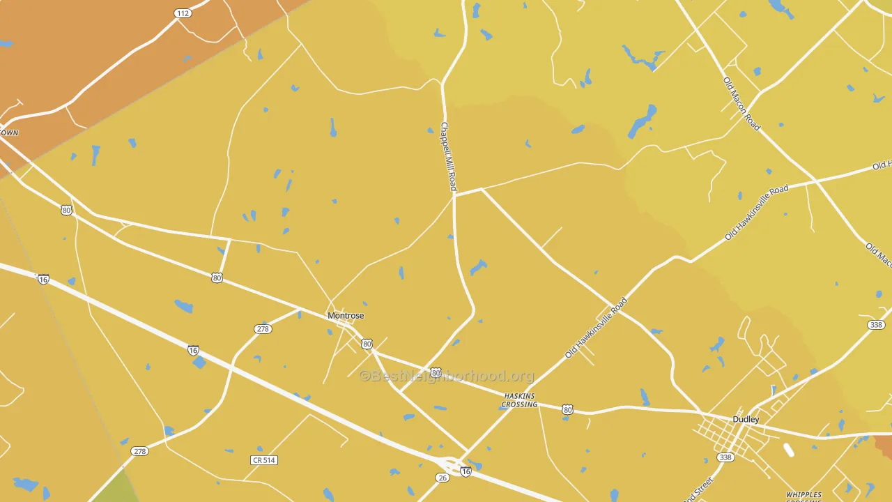 Map of the best neighborhoods in the Montrose area, with better matches in green and worse matches in red
