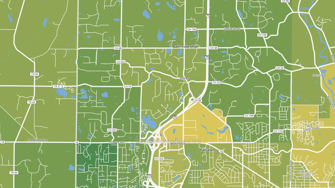 Map of the best neighborhoods in the Montrose-Ghent area, with better matches in green and worse matches in red
