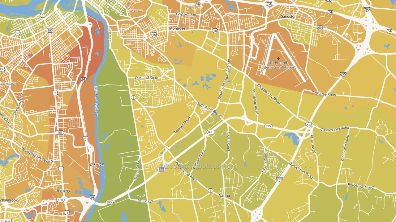 Map of the best neighborhoods in the Montrose Heights area, with better matches in green and worse matches in red