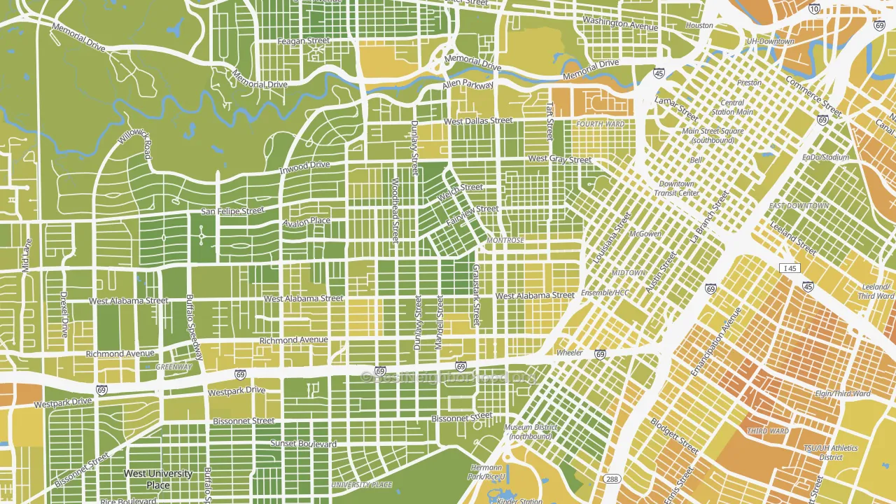 Map of the best neighborhoods in the Montrose, Houston area, with better matches in green and worse matches in red