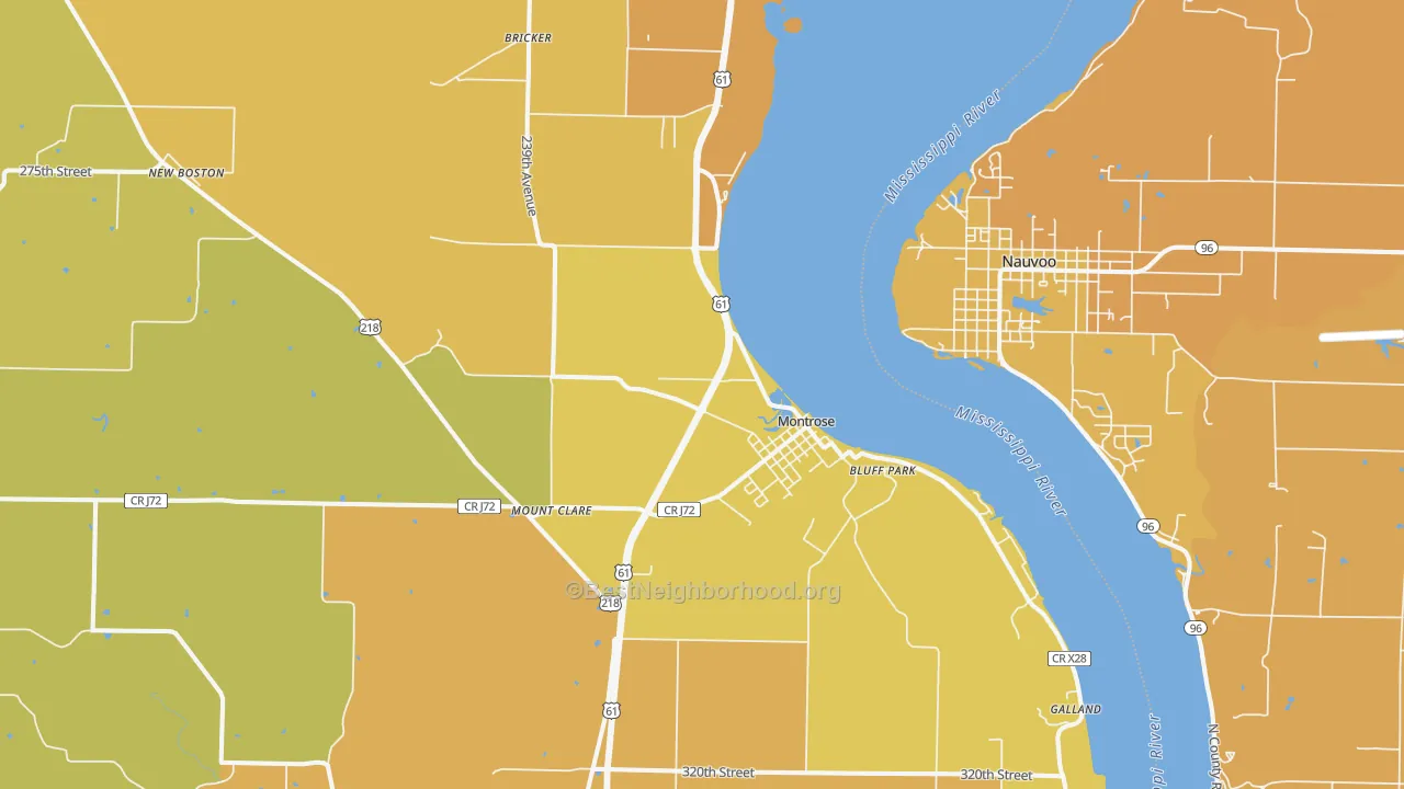 Map of the best neighborhoods in the Montrose area, with better matches in green and worse matches in red