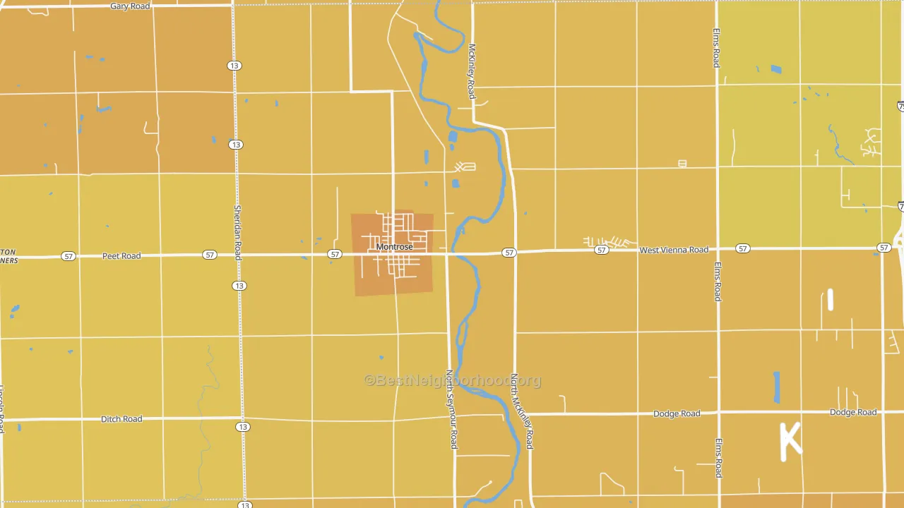 Map of the best neighborhoods in the Montrose area, with better matches in green and worse matches in red