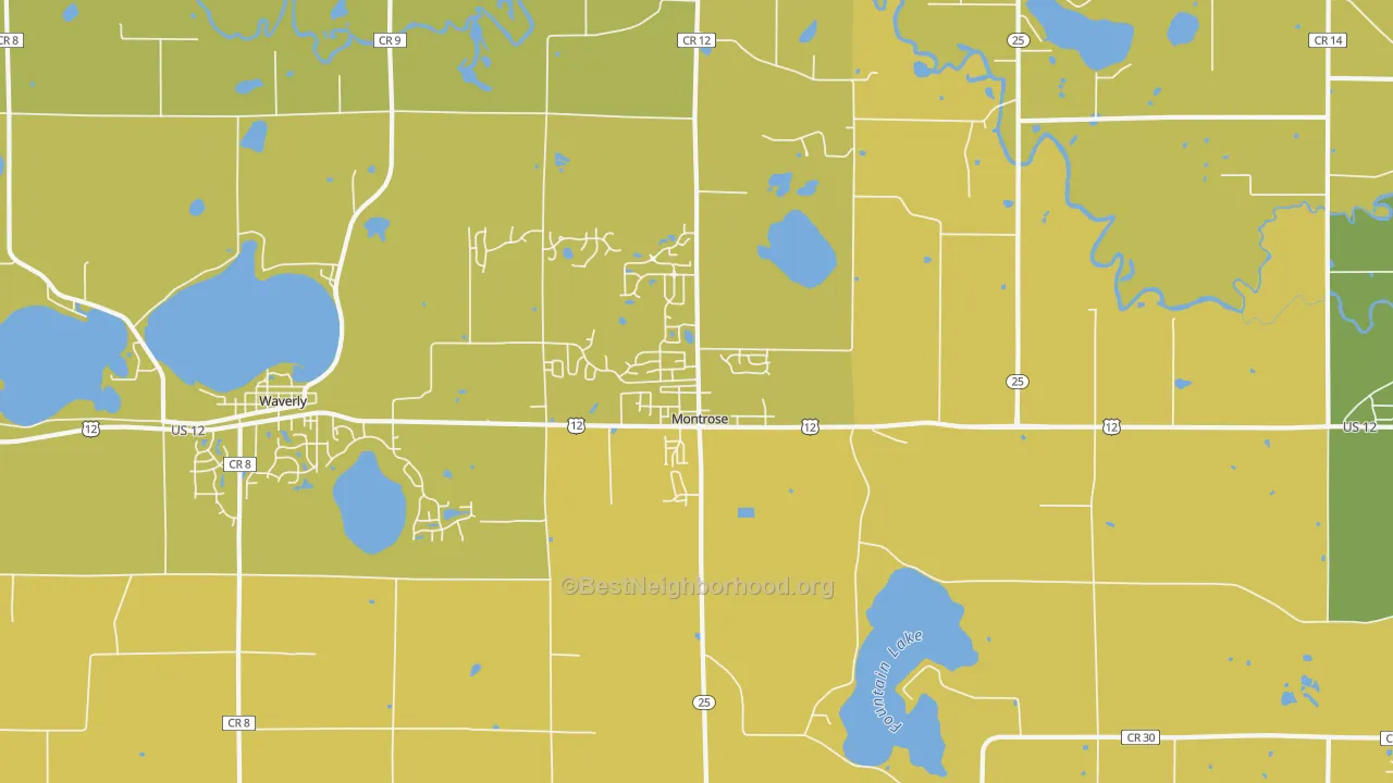 Map of the best neighborhoods in the Montrose area, with better matches in green and worse matches in red
