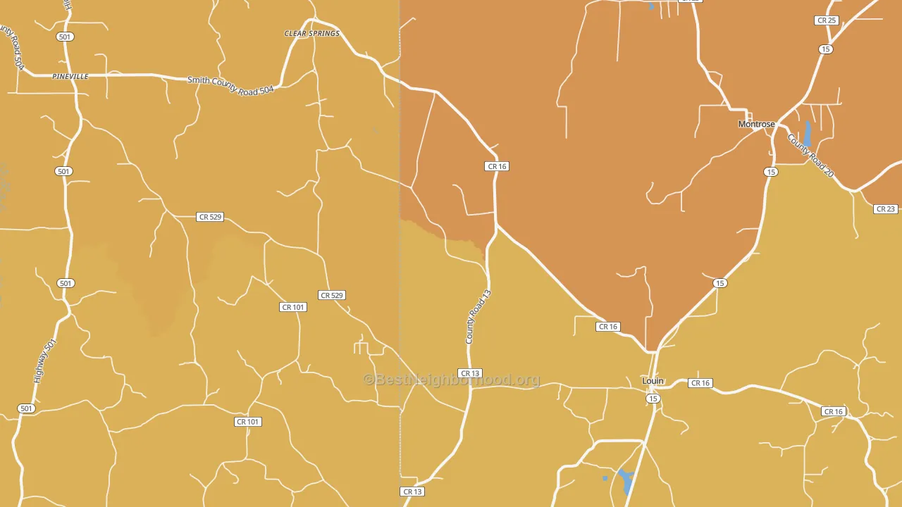 Map of the best neighborhoods in the Montrose area, with better matches in green and worse matches in red