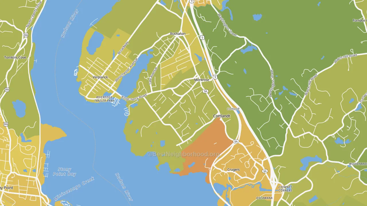 Map of the best neighborhoods in the Montrose area, with better matches in green and worse matches in red