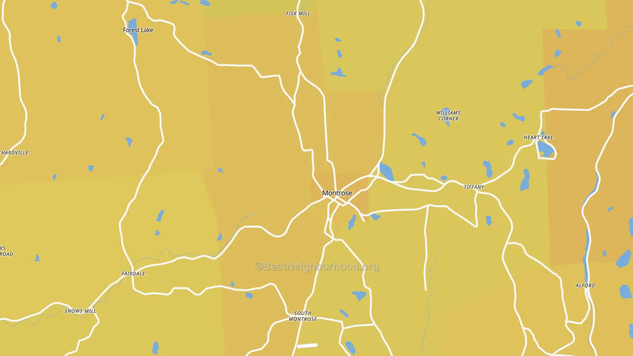 Map of the best neighborhoods in the Montrose area, with better matches in green and worse matches in red