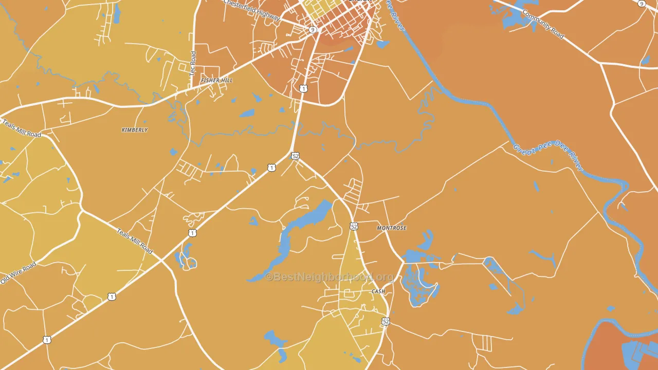 Map of the best neighborhoods in the Montrose area, with better matches in green and worse matches in red