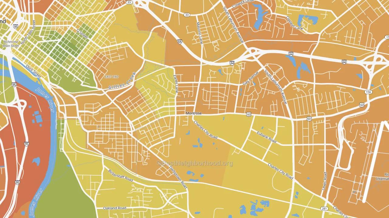 Map of the best neighborhoods in the Montrose area, with better matches in green and worse matches in red