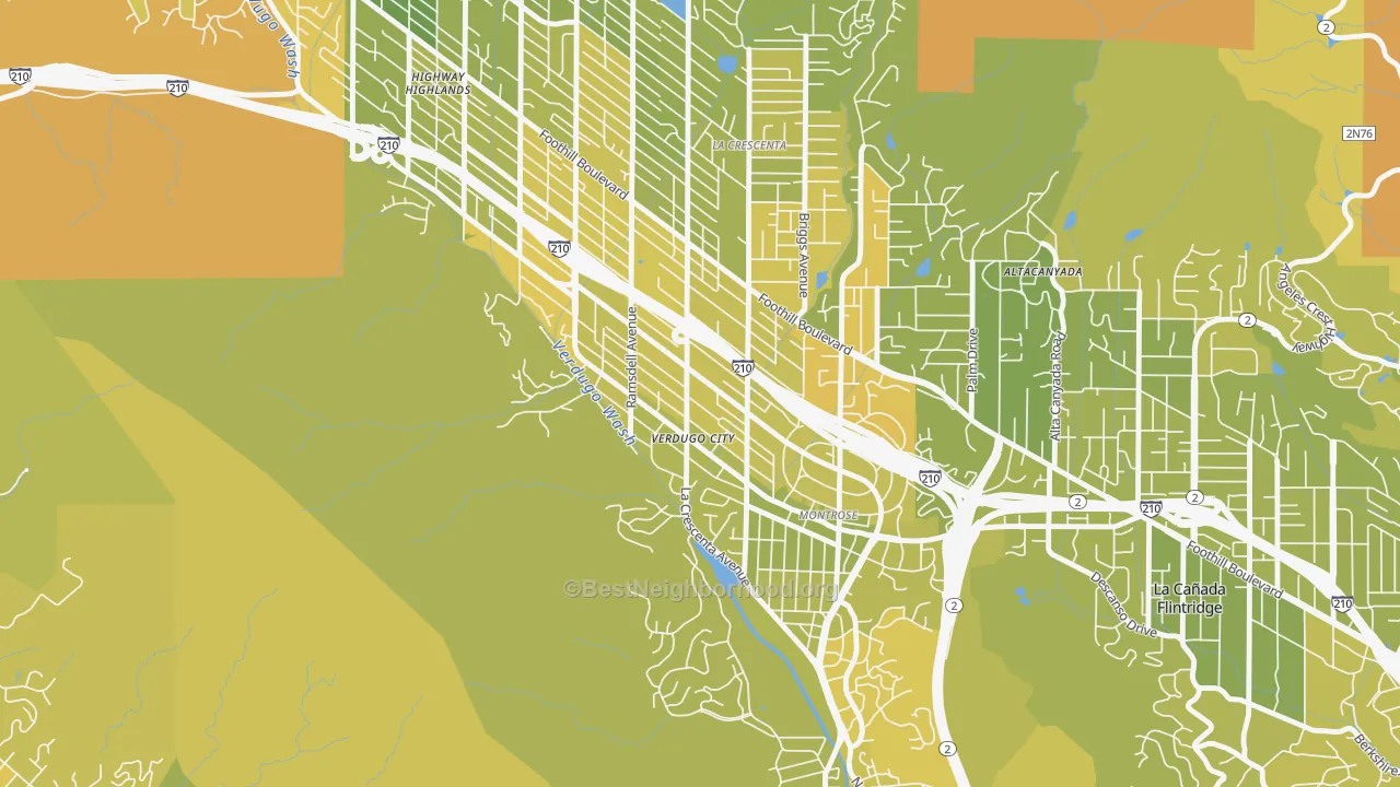 Map of the best neighborhoods in the Montrose Verdugo City, La Crescenta area, with better matches in green and worse matches in red