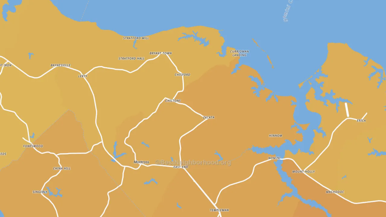 Map of the best neighborhoods in the Montross area, with better matches in green and worse matches in red