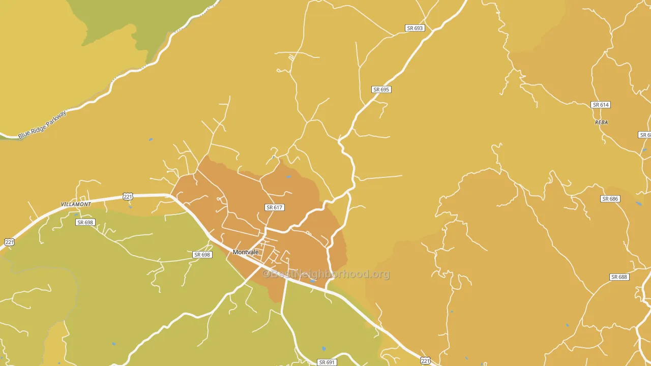 Map of the best neighborhoods in the Montvale area, with better matches in green and worse matches in red