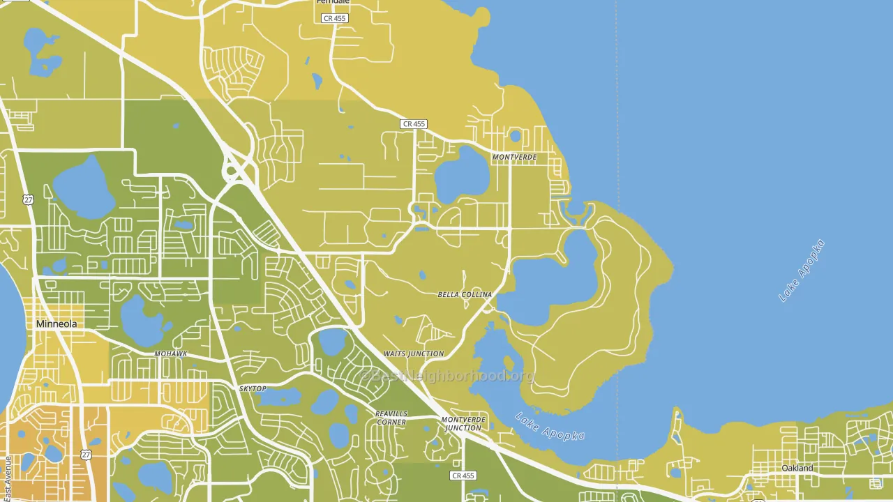 Map of the best neighborhoods in the Montverde area, with better matches in green and worse matches in red