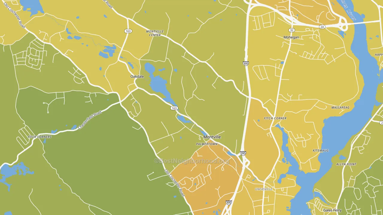 Map of the best neighborhoods in the Montville area, with better matches in green and worse matches in red