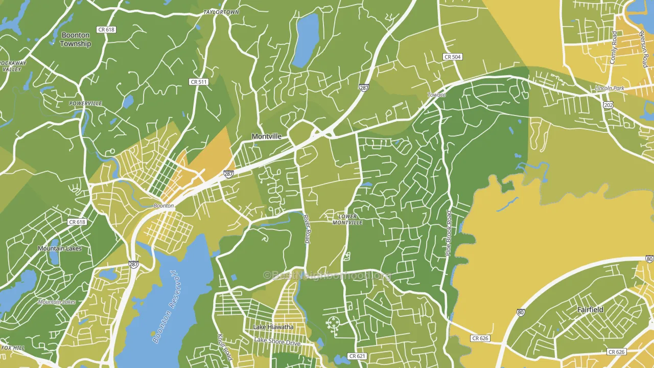 Map of the best neighborhoods in the Montville area, with better matches in green and worse matches in red
