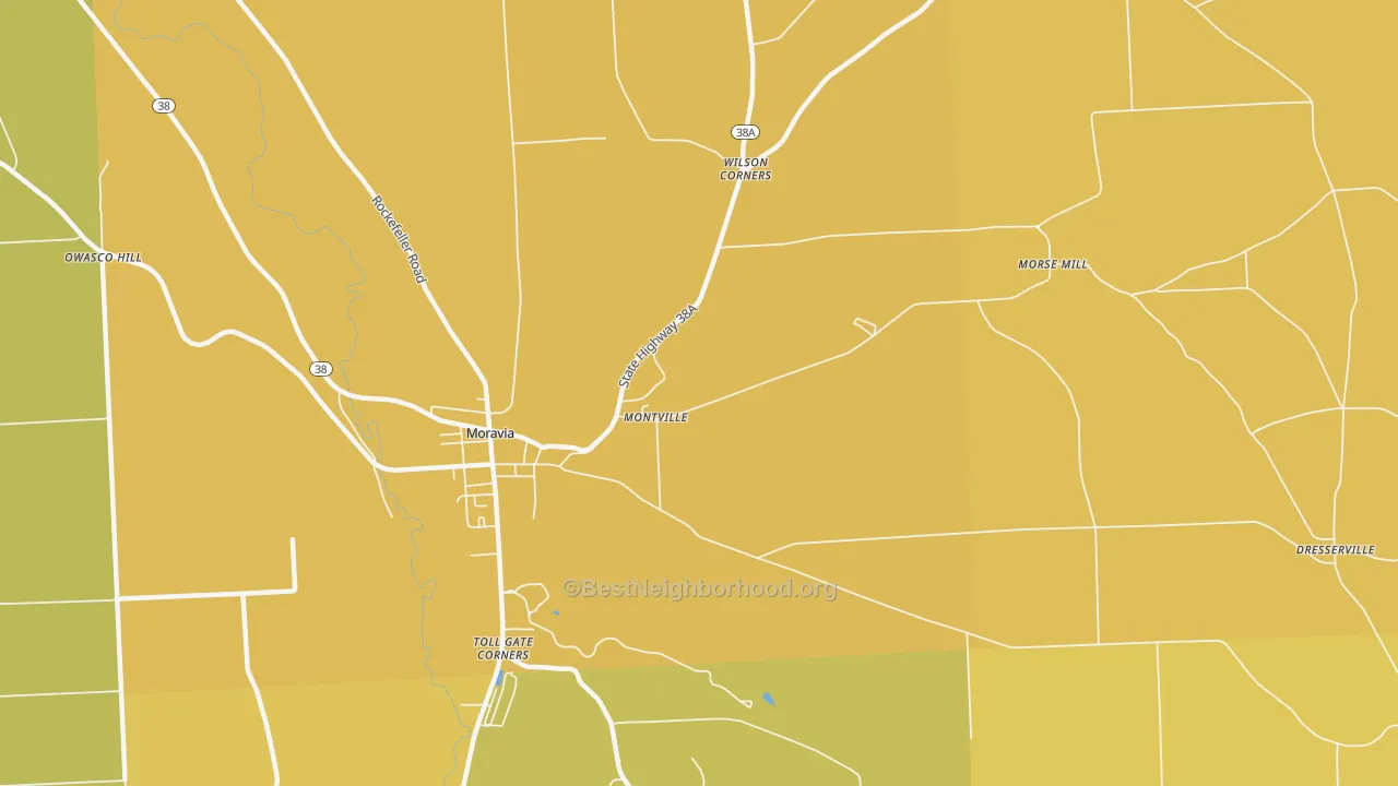 Map of the best neighborhoods in the Montville area, with better matches in green and worse matches in red
