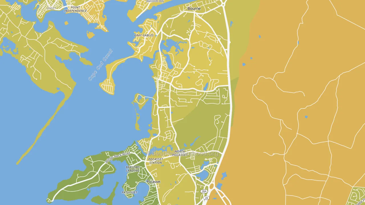 Map of the best neighborhoods in the Monument Beach area, with better matches in green and worse matches in red