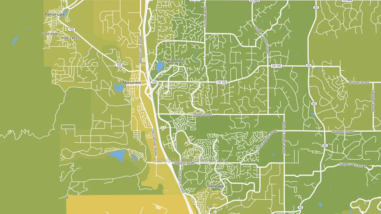 Map of the best neighborhoods in the Monument area, with better matches in green and worse matches in red