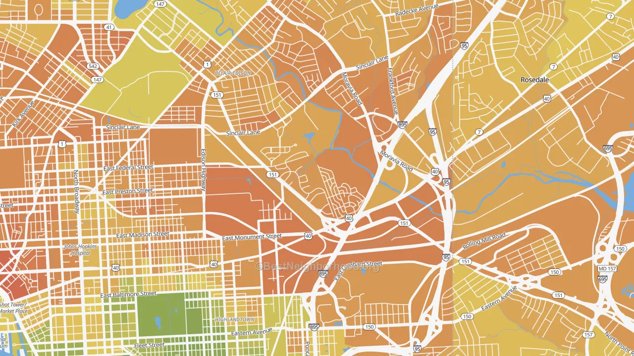 Map of the best neighborhoods in the Monument Street, Baltimore area, with better matches in green and worse matches in red