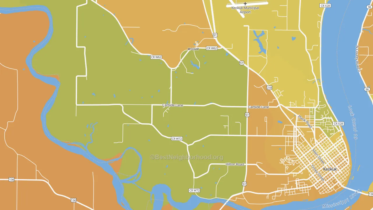 Map of the best neighborhoods in the Mooar area, with better matches in green and worse matches in red