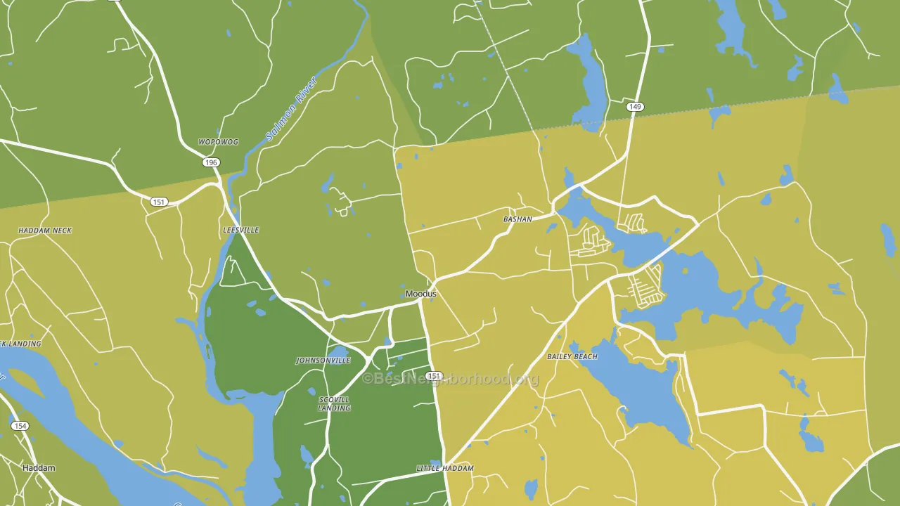 Map of the best neighborhoods in the Moodus area, with better matches in green and worse matches in red
