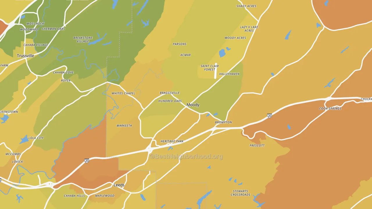Map of the best neighborhoods in the Moody area, with better matches in green and worse matches in red