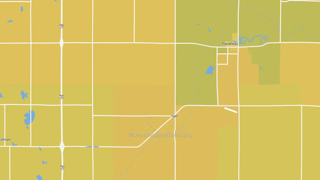 Map of the best neighborhoods in the Moody County area, with better matches in green and worse matches in red