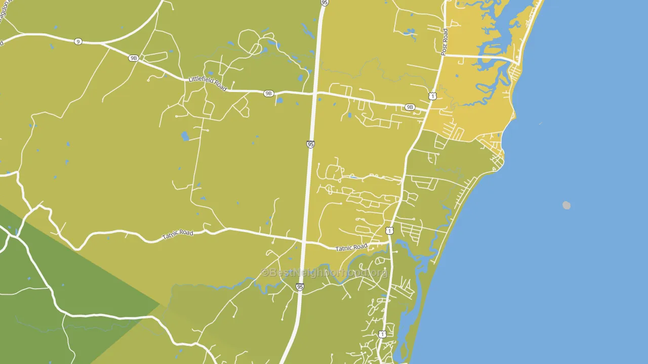 Map of the best neighborhoods in the Moody area, with better matches in green and worse matches in red