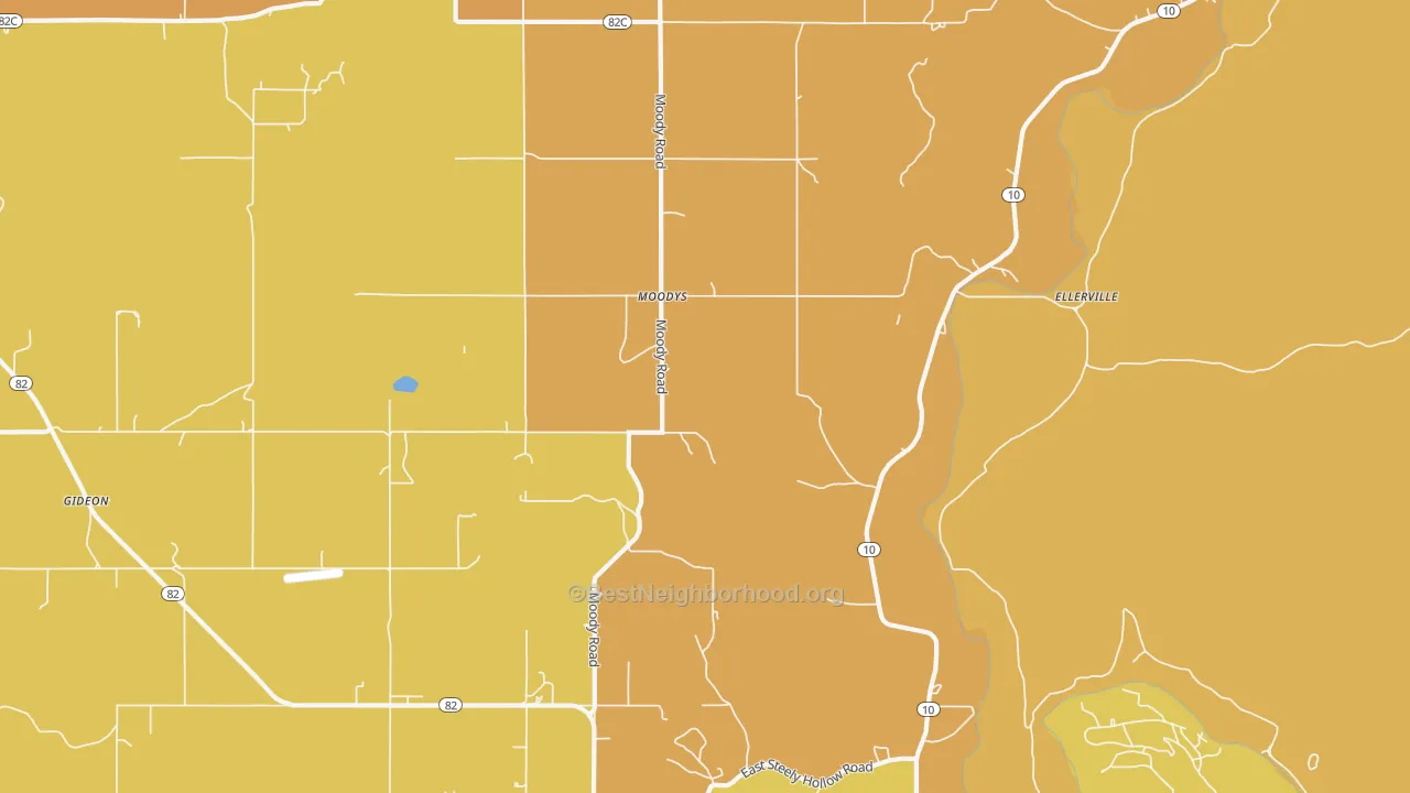 Map of the best neighborhoods in the Moodys area, with better matches in green and worse matches in red