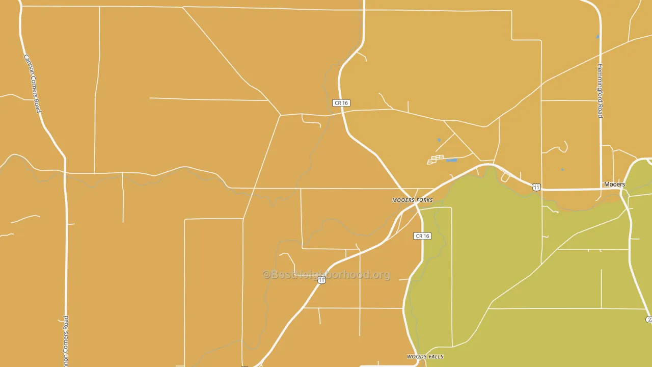 Map of the best neighborhoods in the Mooers Forks area, with better matches in green and worse matches in red