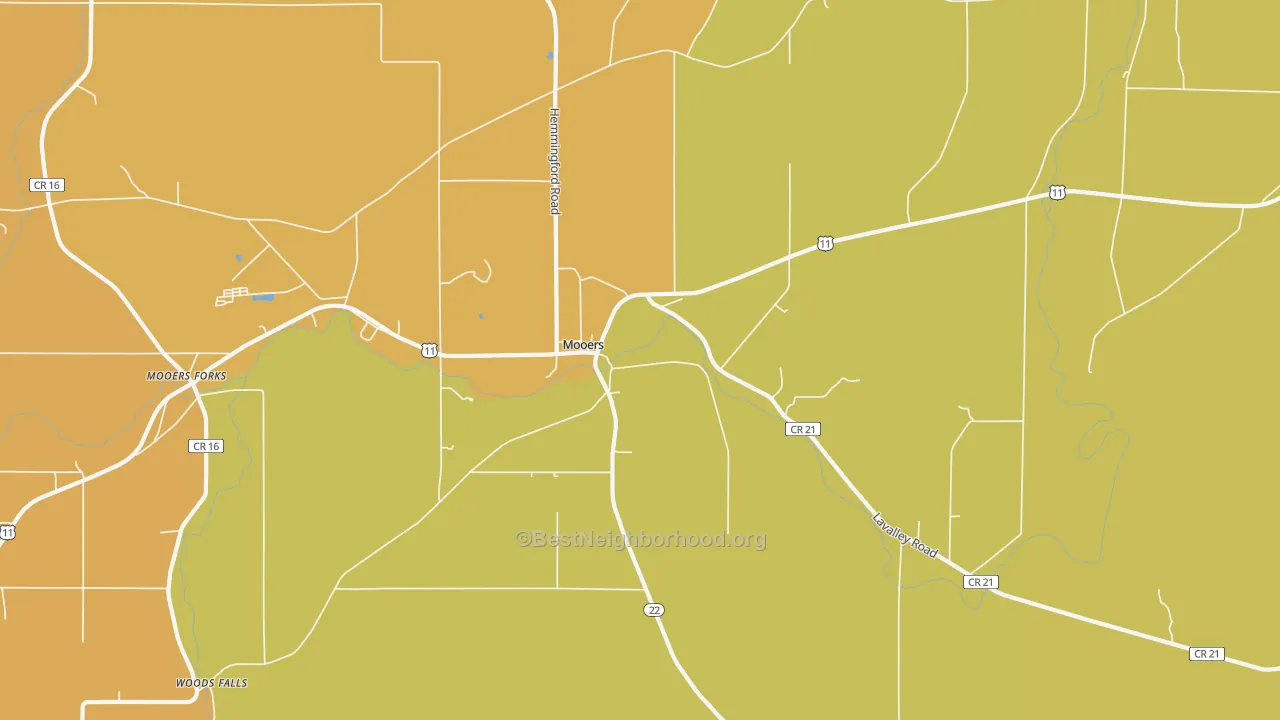 Map of the best neighborhoods in the Mooers area, with better matches in green and worse matches in red