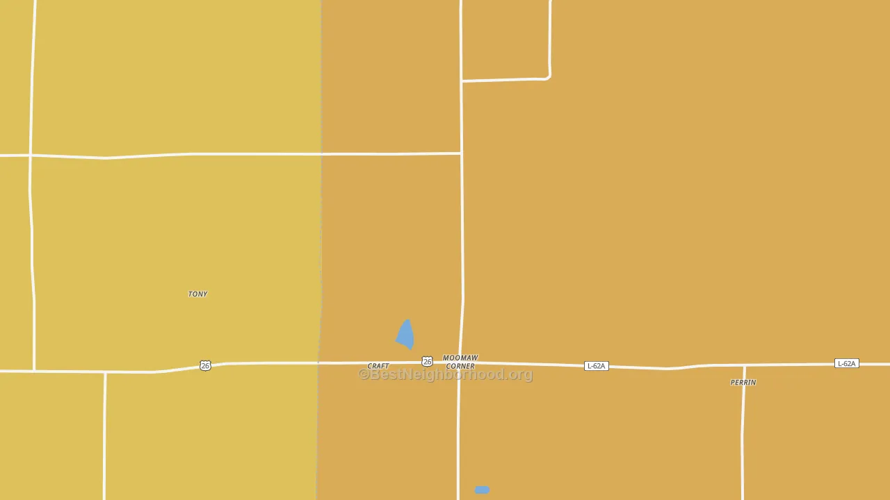 Map of the best neighborhoods in the Moomaw Corner area, with better matches in green and worse matches in red