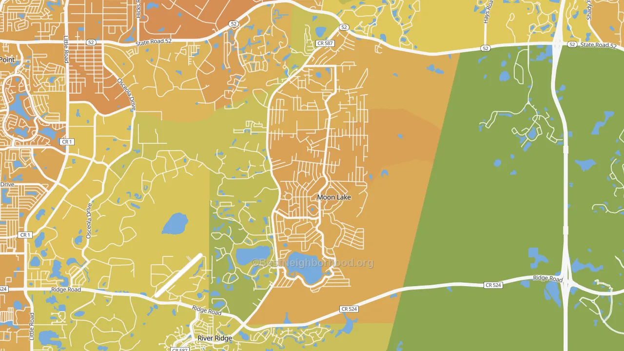 Map of the best neighborhoods in the Moon Lake Estates, Moon Lake area, with better matches in green and worse matches in red