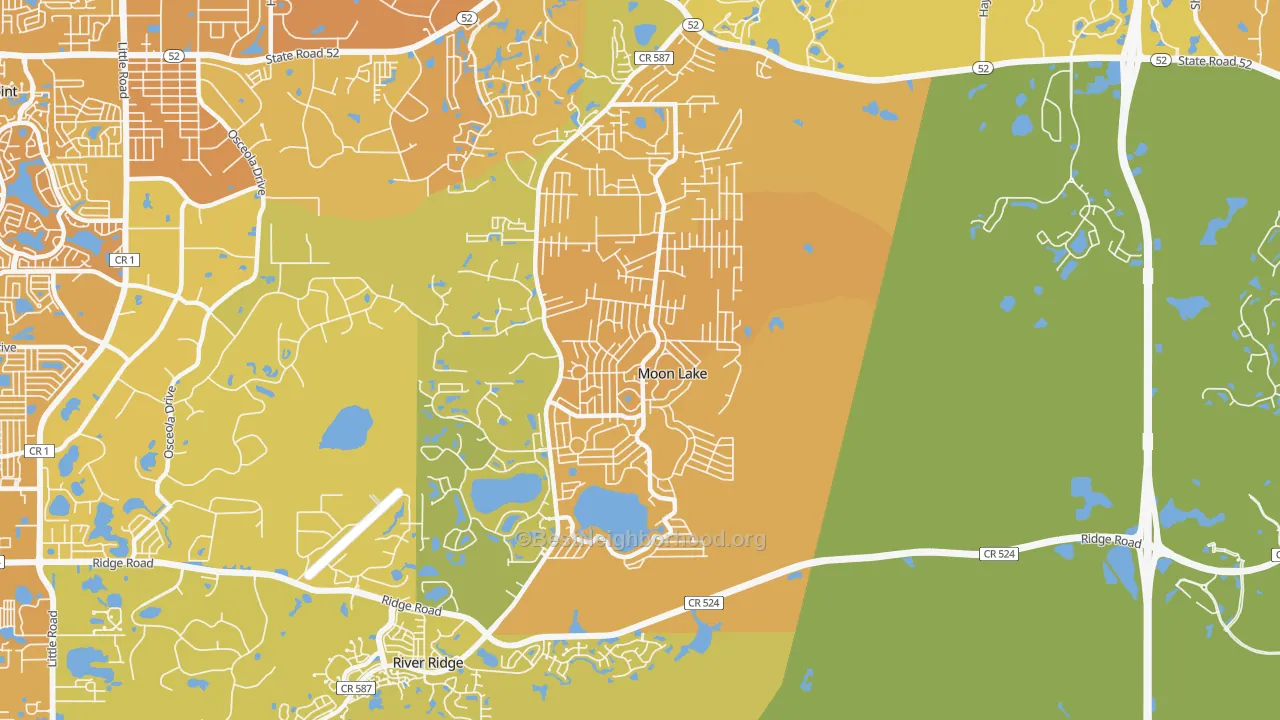 Map of the best neighborhoods in the Moon Lake area, with better matches in green and worse matches in red