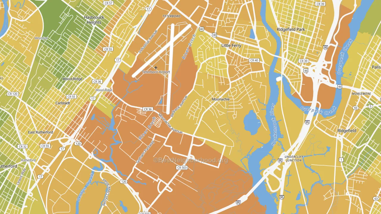 Map of the best neighborhoods in the Moonachie area, with better matches in green and worse matches in red