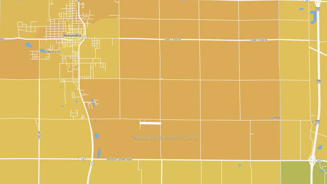 Map of the best neighborhoods in the Moonville area, with better matches in green and worse matches in red