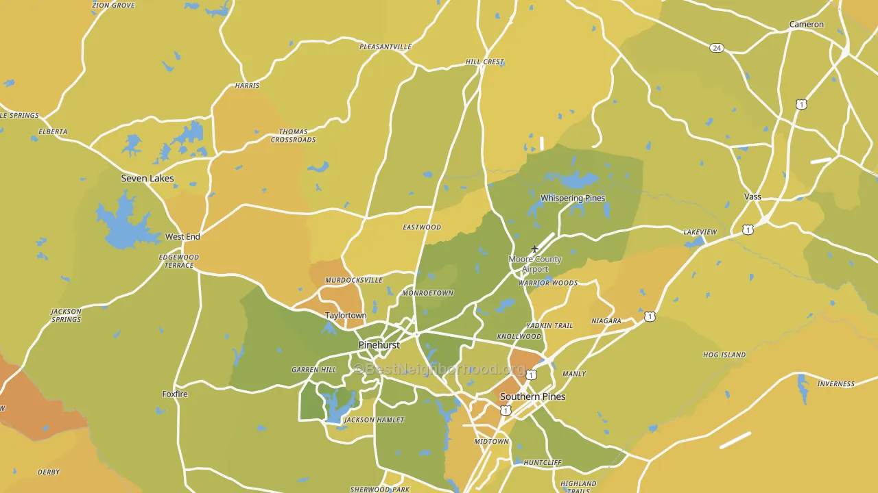 Map of the best neighborhoods in the Moore County area, with better matches in green and worse matches in red