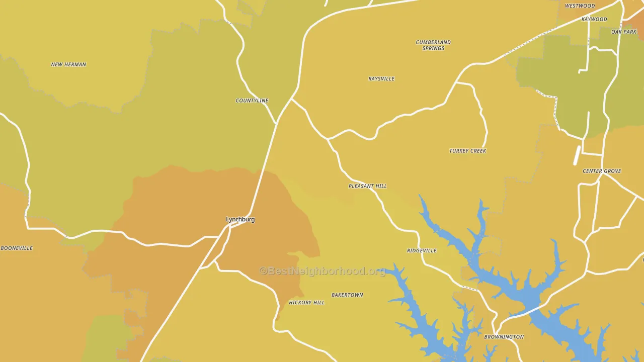 Map of the best neighborhoods in the Moore County area, with better matches in green and worse matches in red