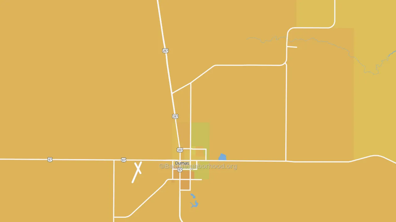 Map of the best neighborhoods in the Moore County area, with better matches in green and worse matches in red