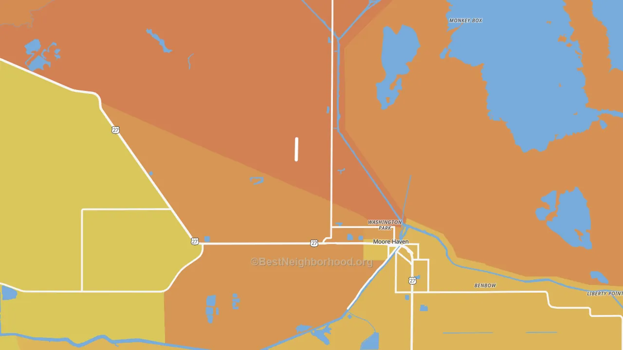 Map of the best neighborhoods in the Moore Haven area, with better matches in green and worse matches in red