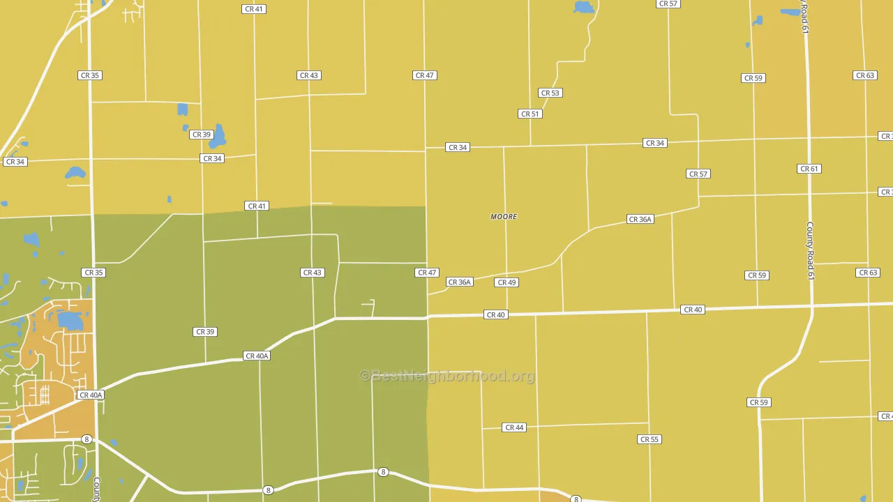 Map of the best neighborhoods in the Moore area, with better matches in green and worse matches in red