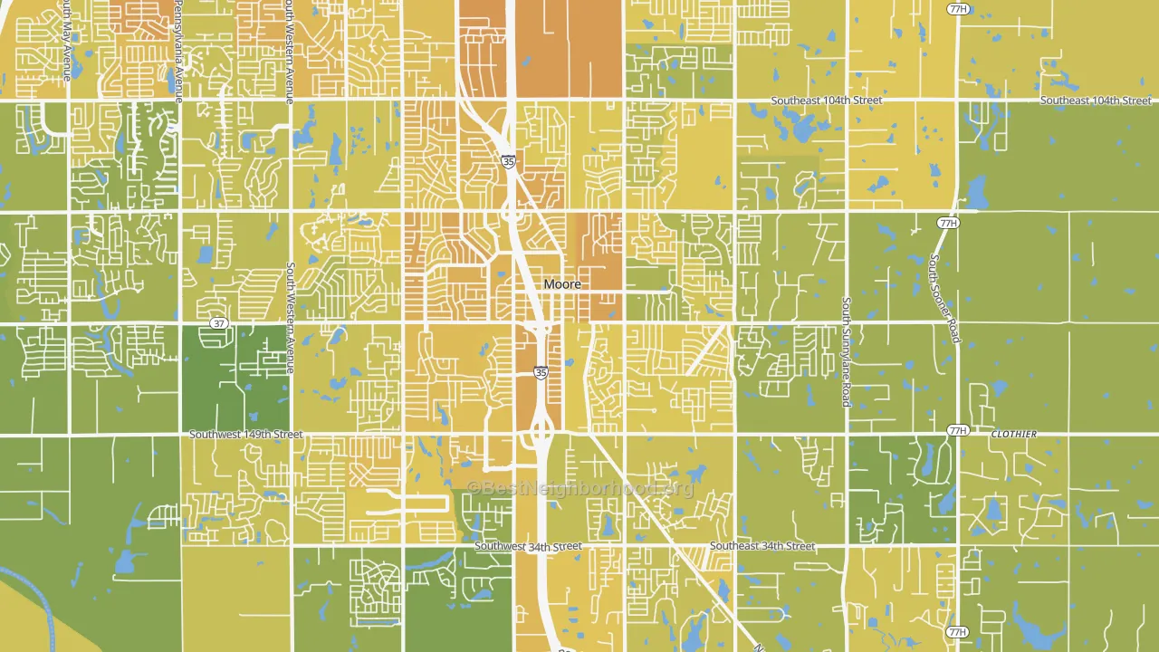 Map of the best neighborhoods in the Moore area, with better matches in green and worse matches in red