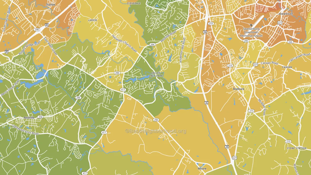 Map of the best neighborhoods in the Moore area, with better matches in green and worse matches in red