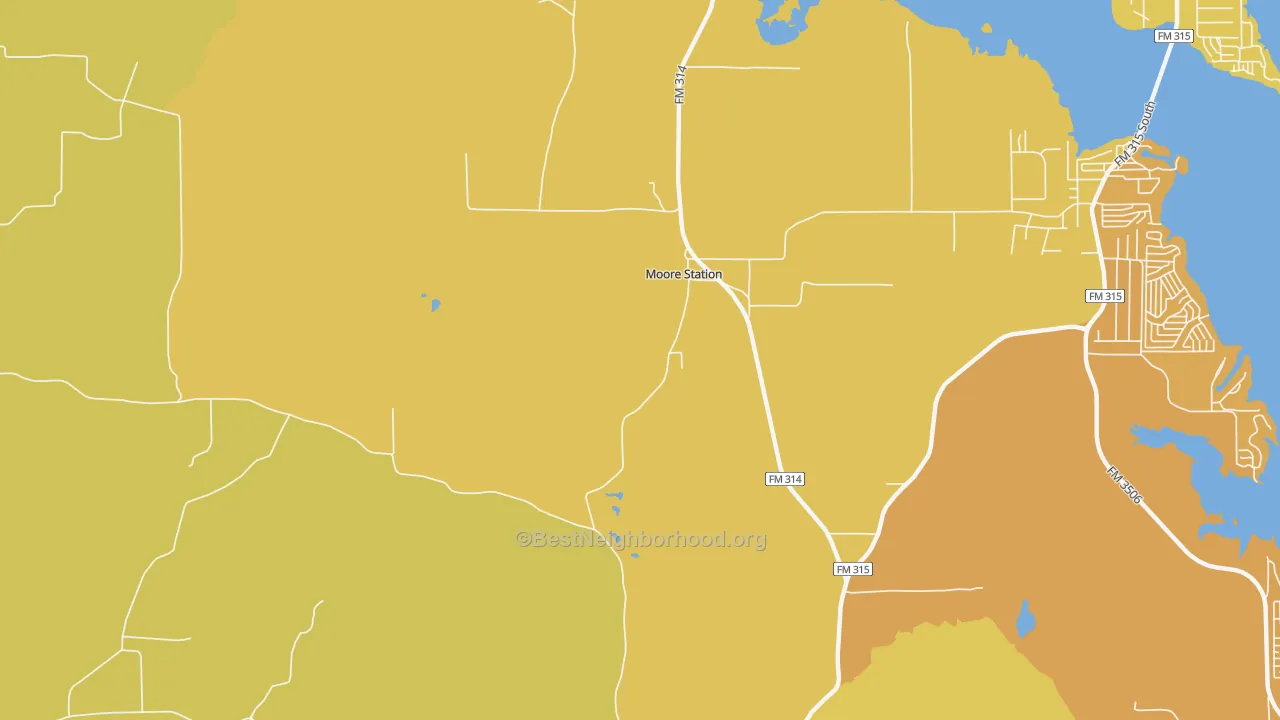 Map of the best neighborhoods in the Moore Station area, with better matches in green and worse matches in red