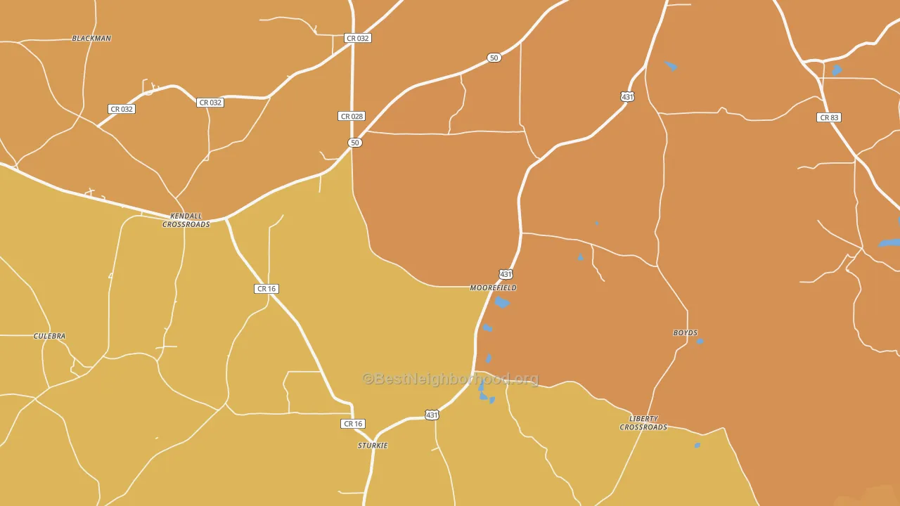 Map of the best neighborhoods in the Moorefield area, with better matches in green and worse matches in red
