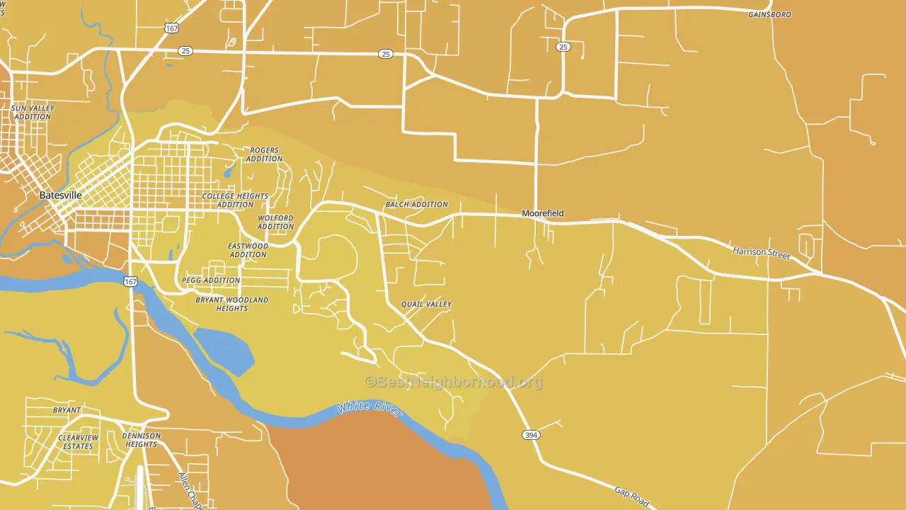 Map of the best neighborhoods in the Moorefield area, with better matches in green and worse matches in red
